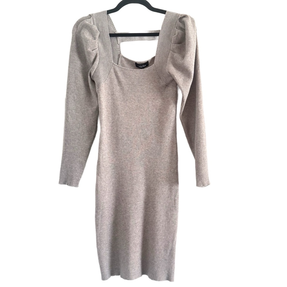 🌻 Lea & Viola Gray Puff Sleeve Ribbed Sweater Knit Dress